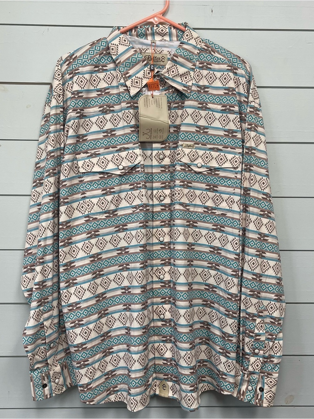 Rafter C aztec patterned teal and tan western button down shirt mens size XL NWT